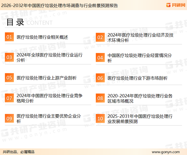 为确保医疗垃圾处理行业数据精准性以及内容的可参考价值，共研产业研究院团队通过上市公司年报、厂家调研、经销商座谈、专家验证等多渠道开展数据采集工作，并运用共研自主建立的产业分析模型，结合市场、行业和厂商进行深度剖析，能够反映当前市场现状、热点、动态及未来趋势，使从业者能够从多种维度、多个侧面综合了解当前医疗垃圾处理行业的发展态势。