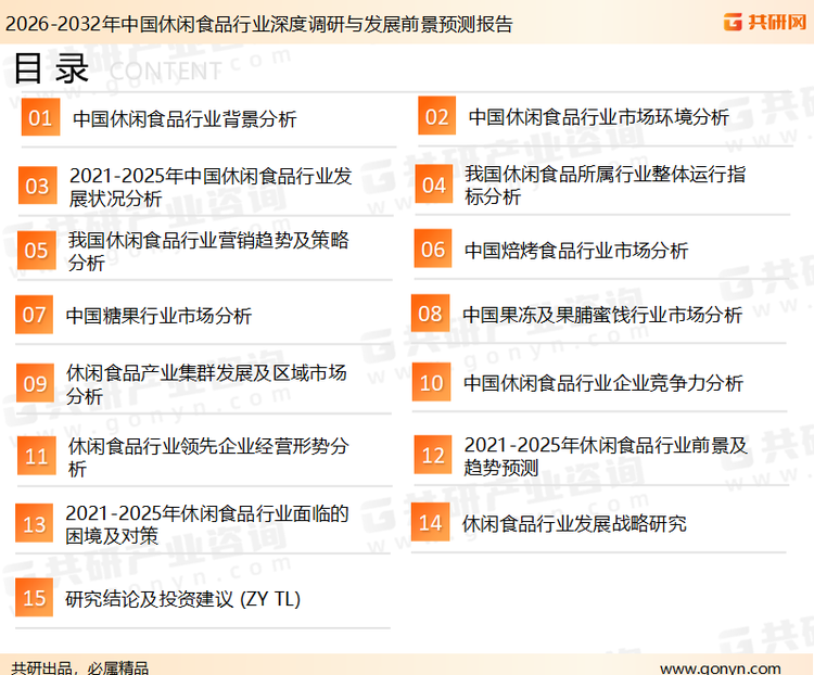 为确保休闲食品行业数据精准性以及内容的可参考价值，共研产业研究院团队通过上市公司年报、厂家调研、经销商座谈、专家验证等多渠道开展数据采集工作，并运用共研自主建立的产业分析模型，结合市场、行业和厂商进行深度剖析，能够反映当前市场现状、热点、动态及未来趋势，使从业者能够从多种维度、多个侧面综合了解当前休闲食品行业的发展态势。