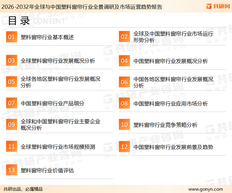 为确保塑料窗帘行业数据精准性以及内容的可参考价值，共研产业研究院团队通过上市公司年报、厂家调研、经销商座谈、专家验证等多渠道开展数据采集工作，并运用共研自主建立的产业分析模型，结合市场、行业和厂商进行深度剖析，能够反映当前市场现状、热点、动态及未来趋势，使从业者能够从多种维度、多个侧面综合了解当前塑料窗帘行业的发展态势。