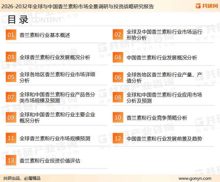 为确保香兰素粉行业数据精准性以及内容的可参考价值，共研产业研究院团队通过上市公司年报、厂家调研、经销商座谈、专家验证等多渠道开展数据采集工作，并运用共研自主建立的产业分析模型，结合市场、行业和厂商进行深度剖析，能够反映当前市场现状、热点、动态及未来趋势，使从业者能够从多种维度、多个侧面综合了解当前香兰素粉行业的发展态势。