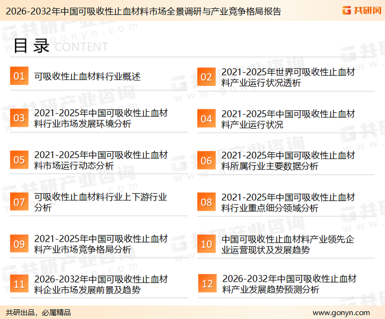 为确保可吸收性止血材料行业数据精准性以及内容的可参考价值，共研产业研究院团队通过上市公司年报、厂家调研、经销商座谈、专家验证等多渠道开展数据采集工作，并运用共研自主建立的产业分析模型，结合市场、行业和厂商进行深度剖析，能够反映当前市场现状、热点、动态及未来趋势，使从业者能够从多种维度、多个侧面综合了解当前可吸收性止血材料行业的发展态势。