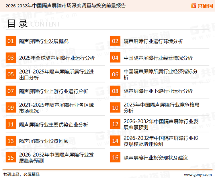 为确保隔声屏障行业数据精准性以及内容的可参考价值，共研产业研究院团队通过上市公司年报、厂家调研、经销商座谈、专家验证等多渠道开展数据采集工作，并运用共研自主建立的产业分析模型，结合市场、行业和厂商进行深度剖析，能够反映当前市场现状、热点、动态及未来趋势，使从业者能够从多种维度、多个侧面综合了解当前隔声屏障行业的发展态势。