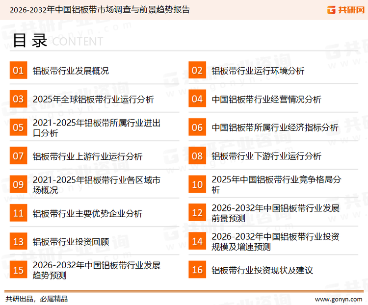 为确保铝板带行业数据精准性以及内容的可参考价值，共研产业研究院团队通过上市公司年报、厂家调研、经销商座谈、专家验证等多渠道开展数据采集工作，并运用共研自主建立的产业分析模型，结合市场、行业和厂商进行深度剖析，能够反映当前市场现状、热点、动态及未来趋势，使从业者能够从多种维度、多个侧面综合了解当前铝板带行业的发展态势。