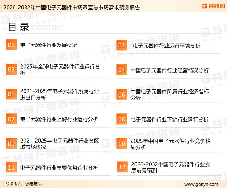 为确保电子元器件行业数据精准性以及内容的可参考价值，共研产业研究院团队通过上市公司年报、厂家调研、经销商座谈、专家验证等多渠道开展数据采集工作，并运用共研自主建立的产业分析模型，结合市场、行业和厂商进行深度剖析，能够反映当前市场现状、热点、动态及未来趋势，使从业者能够从多种维度、多个侧面综合了解当前电子元器件行业的发展态势。