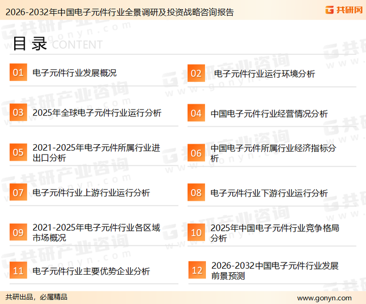 为确保电子元件行业数据精准性以及内容的可参考价值，共研产业研究院团队通过上市公司年报、厂家调研、经销商座谈、专家验证等多渠道开展数据采集工作，并运用共研自主建立的产业分析模型，结合市场、行业和厂商进行深度剖析，能够反映当前市场现状、热点、动态及未来趋势，使从业者能够从多种维度、多个侧面综合了解当前电子元件行业的发展态势。