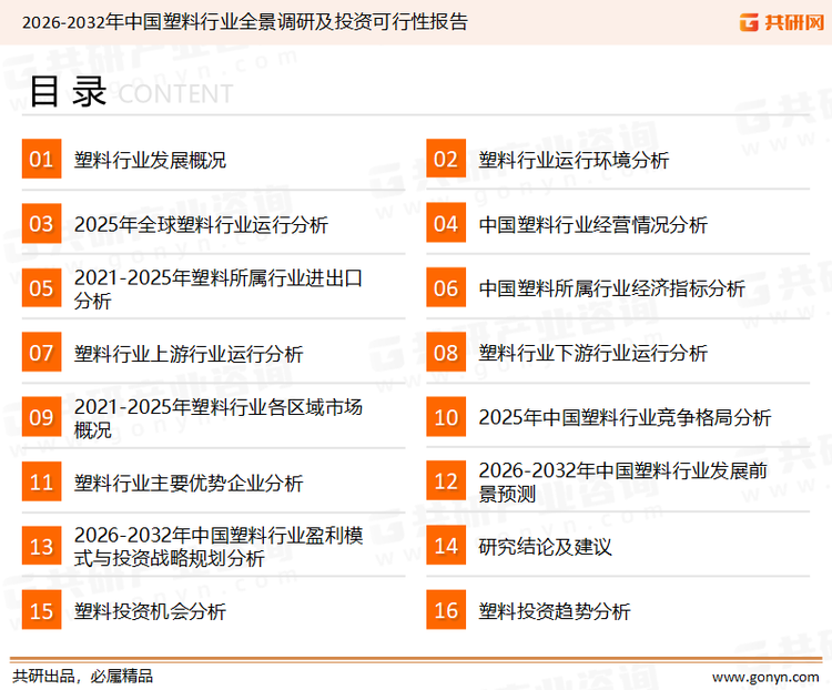 为确保塑料行业数据精准性以及内容的可参考价值，共研产业研究院团队通过上市公司年报、厂家调研、经销商座谈、专家验证等多渠道开展数据采集工作，并运用共研自主建立的产业分析模型，结合市场、行业和厂商进行深度剖析，能够反映当前市场现状、热点、动态及未来趋势，使从业者能够从多种维度、多个侧面综合了解当前塑料行业的发展态势。