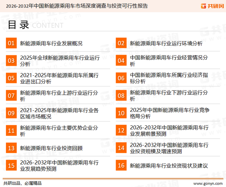 为确保新能源乘用车行业数据精准性以及内容的可参考价值，共研产业研究院团队通过上市公司年报、厂家调研、经销商座谈、专家验证等多渠道开展数据采集工作，并运用共研自主建立的产业分析模型，结合市场、行业和厂商进行深度剖析，能够反映当前市场现状、热点、动态及未来趋势，使从业者能够从多种维度、多个侧面综合了解当前新能源乘用车行业的发展态势。