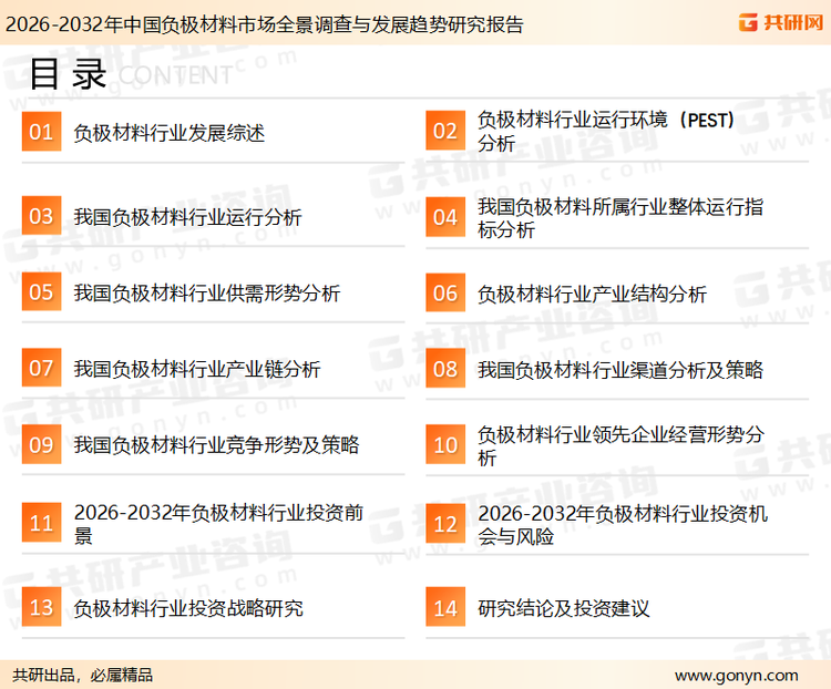 为确保负极材料行业数据精准性以及内容的可参考价值，共研产业研究院团队通过上市公司年报、厂家调研、经销商座谈、专家验证等多渠道开展数据采集工作，并运用共研自主建立的产业分析模型，结合市场、行业和厂商进行深度剖析，能够反映当前市场现状、热点、动态及未来趋势，使从业者能够从多种维度、多个侧面综合了解当前负极材料行业的发展态势。