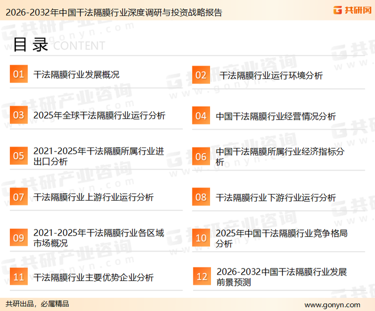 为确保干法隔膜行业数据精准性以及内容的可参考价值，共研产业研究院团队通过上市公司年报、厂家调研、经销商座谈、专家验证等多渠道开展数据采集工作，并运用共研自主建立的产业分析模型，结合市场、行业和厂商进行深度剖析，能够反映当前市场现状、热点、动态及未来趋势，使从业者能够从多种维度、多个侧面综合了解当前干法隔膜行业的发展态势。