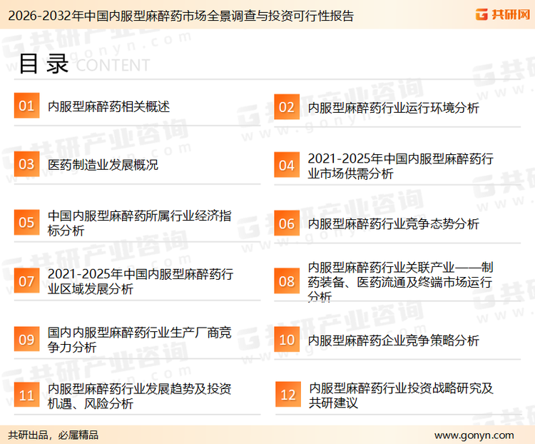 为确保内服型麻醉药行业数据精准性以及内容的可参考价值，共研产业研究院团队通过上市公司年报、厂家调研、经销商座谈、专家验证等多渠道开展数据采集工作，并运用共研自主建立的产业分析模型，结合市场、行业和厂商进行深度剖析，能够反映当前市场现状、热点、动态及未来趋势，使从业者能够从多种维度、多个侧面综合了解当前内服型麻醉药行业的发展态势。