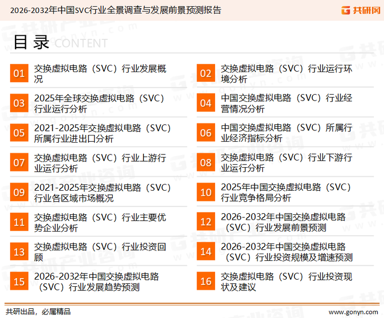 为确保交换虚拟电路（SVC）行业数据精准性以及内容的可参考价值，共研产业研究院团队通过上市公司年报、厂家调研、经销商座谈、专家验证等多渠道开展数据采集工作，并运用共研自主建立的产业分析模型，结合市场、行业和厂商进行深度剖析，能够反映当前市场现状、热点、动态及未来趋势，使从业者能够从多种维度、多个侧面综合了解当前交换虚拟电路（SVC）行业的发展态势。