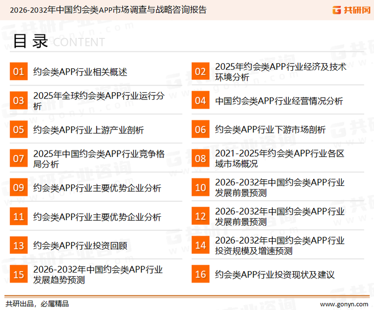 为确保约会类APP行业数据精准性以及内容的可参考价值，共研产业研究院团队通过上市公司年报、厂家调研、经销商座谈、专家验证等多渠道开展数据采集工作，并运用共研自主建立的产业分析模型，结合市场、行业和厂商进行深度剖析，能够反映当前市场现状、热点、动态及未来趋势，使从业者能够从多种维度、多个侧面综合了解当前约会类APP行业的发展态势。