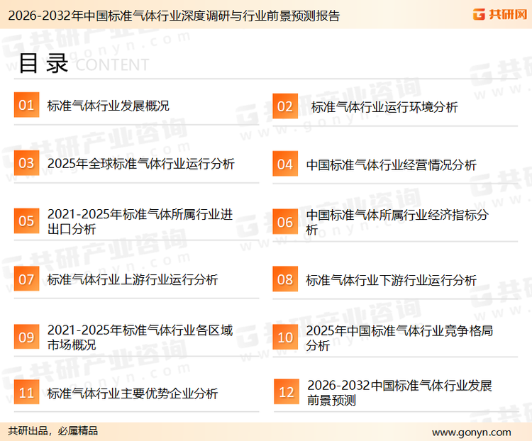 为确保标准气体行业数据精准性以及内容的可参考价值，共研产业研究院团队通过上市公司年报、厂家调研、经销商座谈、专家验证等多渠道开展数据采集工作，并运用共研自主建立的产业分析模型，结合市场、行业和厂商进行深度剖析，能够反映当前市场现状、热点、动态及未来趋势，使从业者能够从多种维度、多个侧面综合了解当前标准气体行业的发展态势。