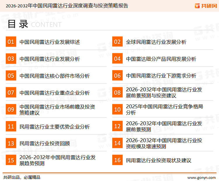 为确保民用雷达行业数据精准性以及内容的可参考价值，共研产业研究院团队通过上市公司年报、厂家调研、经销商座谈、专家验证等多渠道开展数据采集工作，并运用共研自主建立的产业分析模型，结合市场、行业和厂商进行深度剖析，能够反映当前市场现状、热点、动态及未来趋势，使从业者能够从多种维度、多个侧面综合了解当前民用雷达行业的发展态势。