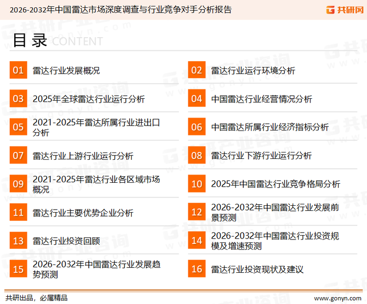 为确保雷达行业数据精准性以及内容的可参考价值，共研产业研究院团队通过上市公司年报、厂家调研、经销商座谈、专家验证等多渠道开展数据采集工作，并运用共研自主建立的产业分析模型，结合市场、行业和厂商进行深度剖析，能够反映当前市场现状、热点、动态及未来趋势，使从业者能够从多种维度、多个侧面综合了解当前雷达行业的发展态势。