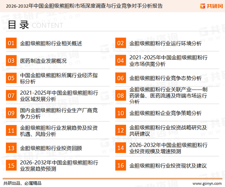 为确保金胆级熊胆粉行业数据精准性以及内容的可参考价值，共研产业研究院团队通过上市公司年报、厂家调研、经销商座谈、专家验证等多渠道开展数据采集工作，并运用共研自主建立的产业分析模型，结合市场、行业和厂商进行深度剖析，能够反映当前市场现状、热点、动态及未来趋势，使从业者能够从多种维度、多个侧面综合了解当前金胆级熊胆粉行业的发展态势。