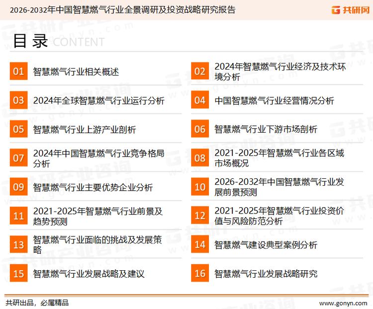 为确保智慧燃气行业数据精准性以及内容的可参考价值，共研产业研究院团队通过上市公司年报、厂家调研、经销商座谈、专家验证等多渠道开展数据采集工作，并运用共研自主建立的产业分析模型，结合市场、行业和厂商进行深度剖析，能够反映当前市场现状、热点、动态及未来趋势，使从业者能够从多种维度、多个侧面综合了解当前智慧燃气行业的发展态势。