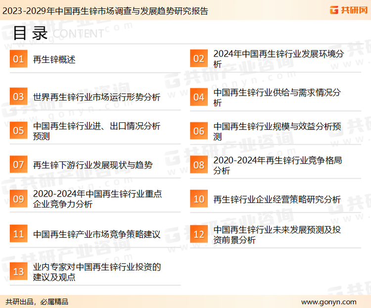 为确保再生锌行业数据精准性以及内容的可参考价值，共研产业研究院团队通过上市公司年报、厂家调研、经销商座谈、专家验证等多渠道开展数据采集工作，并运用共研自主建立的产业分析模型，结合市场、行业和厂商进行深度剖析，能够反映当前市场现状、热点、动态及未来趋势，使从业者能够从多种维度、多个侧面综合了解当前再生锌行业的发展态势。