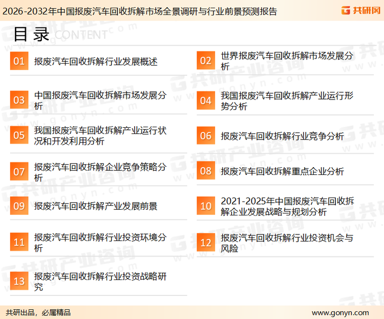 为确保报废汽车回收拆解行业数据精准性以及内容的可参考价值，共研产业研究院团队通过上市公司年报、厂家调研、经销商座谈、专家验证等多渠道开展数据采集工作，并运用共研自主建立的产业分析模型，结合市场、行业和厂商进行深度剖析，能够反映当前市场现状、热点、动态及未来趋势，使从业者能够从多种维度、多个侧面综合了解当前报废汽车回收拆解行业的发展态势。