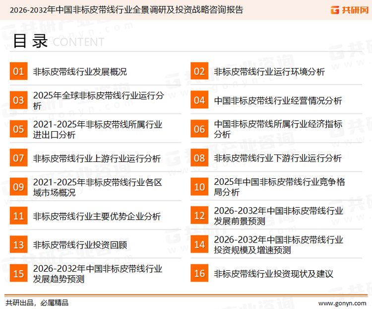 为确保非标皮带线行业数据精准性以及内容的可参考价值，共研产业研究院团队通过上市公司年报、厂家调研、经销商座谈、专家验证等多渠道开展数据采集工作，并运用共研自主建立的产业分析模型，结合市场、行业和厂商进行深度剖析，能够反映当前市场现状、热点、动态及未来趋势，使从业者能够从多种维度、多个侧面综合了解当前非标皮带线行业的发展态势。