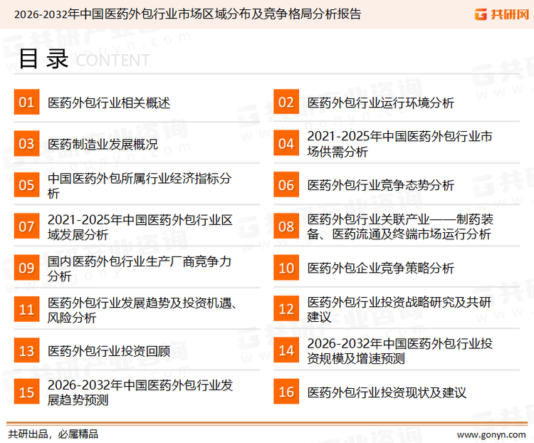 为确保医药外包行业数据精准性以及内容的可参考价值，共研产业研究院团队通过上市公司年报、厂家调研、经销商座谈、专家验证等多渠道开展数据采集工作，并运用共研自主建立的产业分析模型，结合市场、行业和厂商进行深度剖析，能够反映当前市场现状、热点、动态及未来趋势，使从业者能够从多种维度、多个侧面综合了解当前医药外包行业的发展态势。