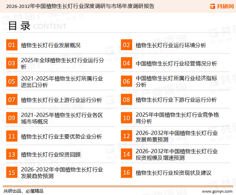 为确保植物生长灯行业数据精准性以及内容的可参考价值，共研产业研究院团队通过上市公司年报、厂家调研、经销商座谈、专家验证等多渠道开展数据采集工作，并运用共研自主建立的产业分析模型，结合市场、行业和厂商进行深度剖析，能够反映当前市场现状、热点、动态及未来趋势，使从业者能够从多种维度、多个侧面综合了解当前植物生长灯行业的发展态势。