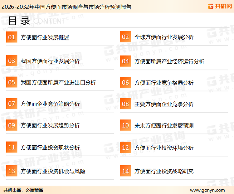 为确保方便面行业数据精准性以及内容的可参考价值，共研产业研究院团队通过上市公司年报、厂家调研、经销商座谈、专家验证等多渠道开展数据采集工作，并运用共研自主建立的产业分析模型，结合市场、行业和厂商进行深度剖析，能够反映当前市场现状、热点、动态及未来趋势，使从业者能够从多种维度、多个侧面综合了解当前方便面行业的发展态势。
