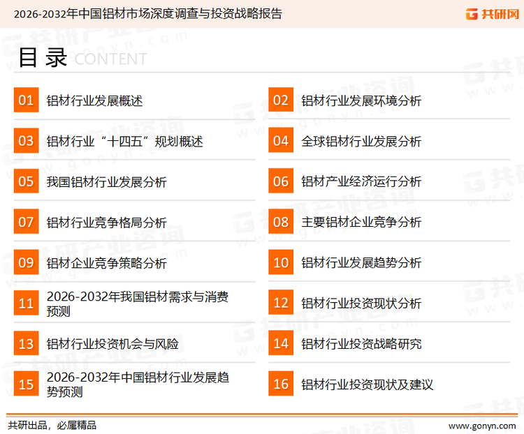 为确保铝材行业数据精准性以及内容的可参考价值，共研产业研究院团队通过上市公司年报、厂家调研、经销商座谈、专家验证等多渠道开展数据采集工作，并运用共研自主建立的产业分析模型，结合市场、行业和厂商进行深度剖析，能够反映当前市场现状、热点、动态及未来趋势，使从业者能够从多种维度、多个侧面综合了解当前铝材行业的发展态势。
