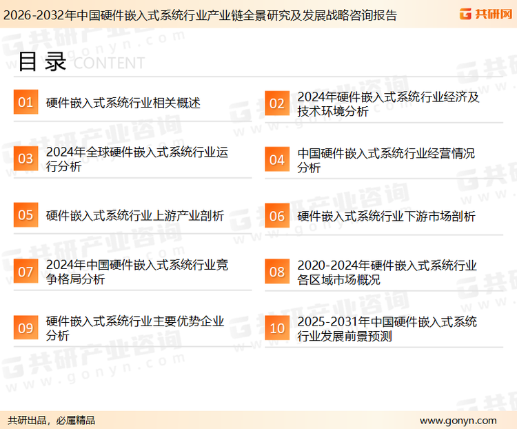 为确保硬件嵌入式系统行业数据精准性以及内容的可参考价值，共研产业研究院团队通过上市公司年报、厂家调研、经销商座谈、专家验证等多渠道开展数据采集工作，并运用共研自主建立的产业分析模型，结合市场、行业和厂商进行深度剖析，能够反映当前市场现状、热点、动态及未来趋势，使从业者能够从多种维度、多个侧面综合了解当前硬件嵌入式系统行业的发展态势。