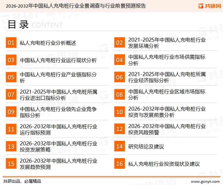 为确保私人充电桩行业数据精准性以及内容的可参考价值，共研产业研究院团队通过上市公司年报、厂家调研、经销商座谈、专家验证等多渠道开展数据采集工作，并运用共研自主建立的产业分析模型，结合市场、行业和厂商进行深度剖析，能够反映当前市场现状、热点、动态及未来趋势，使从业者能够从多种维度、多个侧面综合了解当前私人充电桩行业的发展态势。