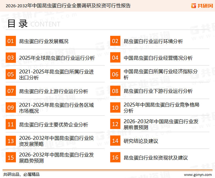 为确保昆虫蛋白行业数据精准性以及内容的可参考价值，共研产业研究院团队通过上市公司年报、厂家调研、经销商座谈、专家验证等多渠道开展数据采集工作，并运用共研自主建立的产业分析模型，结合市场、行业和厂商进行深度剖析，能够反映当前市场现状、热点、动态及未来趋势，使从业者能够从多种维度、多个侧面综合了解当前昆虫蛋白行业的发展态势。