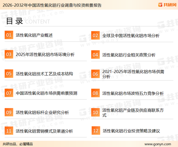 为确保活性氧化铝行业数据精准性以及内容的可参考价值，共研产业研究院团队通过上市公司年报、厂家调研、经销商座谈、专家验证等多渠道开展数据采集工作，并运用共研自主建立的产业分析模型，结合市场、行业和厂商进行深度剖析，能够反映当前市场现状、热点、动态及未来趋势，使从业者能够从多种维度、多个侧面综合了解当前活性氧化铝行业的发展态势。