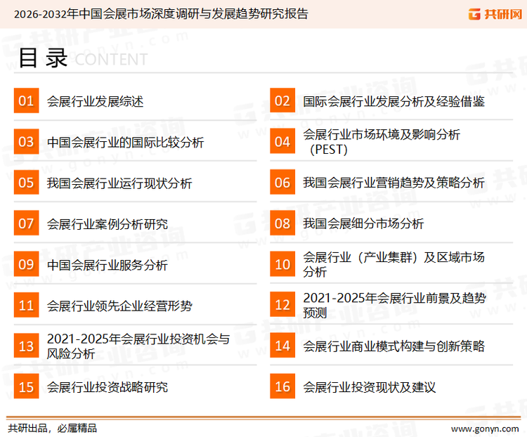 为确保会展行业数据精准性以及内容的可参考价值，共研产业研究院团队通过上市公司年报、厂家调研、经销商座谈、专家验证等多渠道开展数据采集工作，并运用共研自主建立的产业分析模型，结合市场、行业和厂商进行深度剖析，能够反映当前市场现状、热点、动态及未来趋势，使从业者能够从多种维度、多个侧面综合了解当前会展行业的发展态势。