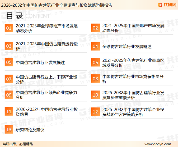 为确保仿古建筑行业数据精准性以及内容的可参考价值，共研产业研究院团队通过上市公司年报、厂家调研、经销商座谈、专家验证等多渠道开展数据采集工作，并运用共研自主建立的产业分析模型，结合市场、行业和厂商进行深度剖析，能够反映当前市场现状、热点、动态及未来趋势，使从业者能够从多种维度、多个侧面综合了解当前仿古建筑行业的发展态势。