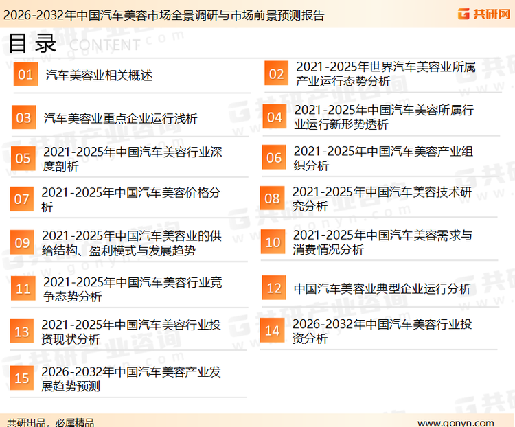 为确保汽车美容行业数据精准性以及内容的可参考价值，共研产业研究院团队通过上市公司年报、厂家调研、经销商座谈、专家验证等多渠道开展数据采集工作，并运用共研自主建立的产业分析模型，结合市场、行业和厂商进行深度剖析，能够反映当前市场现状、热点、动态及未来趋势，使从业者能够从多种维度、多个侧面综合了解当前汽车美容行业的发展态势。