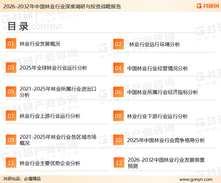 为确保林业行业数据精准性以及内容的可参考价值，共研产业研究院团队通过上市公司年报、厂家调研、经销商座谈、专家验证等多渠道开展数据采集工作，并运用共研自主建立的产业分析模型，结合市场、行业和厂商进行深度剖析，能够反映当前市场现状、热点、动态及未来趋势，使从业者能够从多种维度、多个侧面综合了解当前林业行业的发展态势。