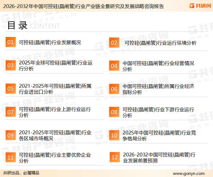 为确保可控硅行业数据精准性以及内容的可参考价值，共研产业研究院团队通过上市公司年报、厂家调研、经销商座谈、专家验证等多渠道开展数据采集工作，并运用共研自主建立的产业分析模型，结合市场、行业和厂商进行深度剖析，能够反映当前市场现状、热点、动态及未来趋势，使从业者能够从多种维度、多个侧面综合了解当前可控硅行业的发展态势。