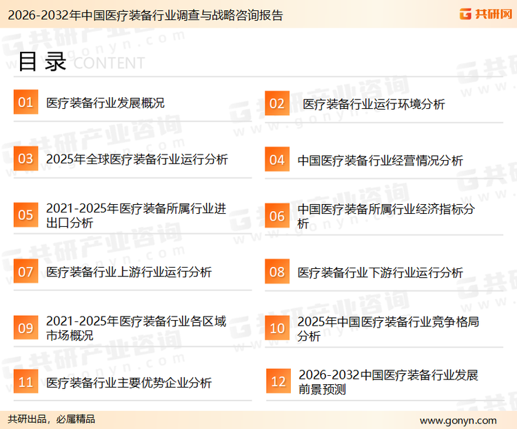 为确保医疗装备行业数据精准性以及内容的可参考价值，共研产业研究院团队通过上市公司年报、厂家调研、经销商座谈、专家验证等多渠道开展数据采集工作，并运用共研自主建立的产业分析模型，结合市场、行业和厂商进行深度剖析，能够反映当前市场现状、热点、动态及未来趋势，使从业者能够从多种维度、多个侧面综合了解当前医疗装备行业的发展态势。