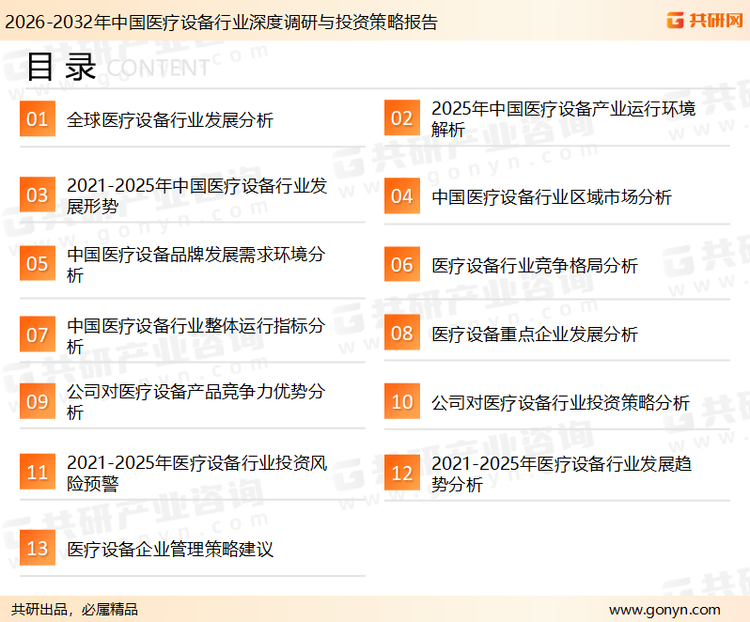 为确保医疗设备行业数据精准性以及内容的可参考价值，共研产业研究院团队通过上市公司年报、厂家调研、经销商座谈、专家验证等多渠道开展数据采集工作，并运用共研自主建立的产业分析模型，结合市场、行业和厂商进行深度剖析，能够反映当前市场现状、热点、动态及未来趋势，使从业者能够从多种维度、多个侧面综合了解当前医疗设备行业的发展态势。