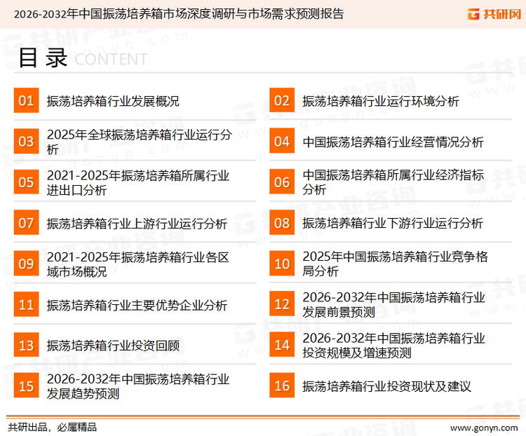 为确保振荡培养箱行业数据精准性以及内容的可参考价值，共研产业研究院团队通过上市公司年报、厂家调研、经销商座谈、专家验证等多渠道开展数据采集工作，并运用共研自主建立的产业分析模型，结合市场、行业和厂商进行深度剖析，能够反映当前市场现状、热点、动态及未来趋势，使从业者能够从多种维度、多个侧面综合了解当前振荡培养箱行业的发展态势。