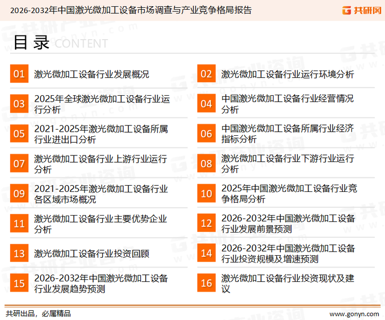 为确保激光微加工设备行业数据精准性以及内容的可参考价值，共研产业研究院团队通过上市公司年报、厂家调研、经销商座谈、专家验证等多渠道开展数据采集工作，并运用共研自主建立的产业分析模型，结合市场、行业和厂商进行深度剖析，能够反映当前市场现状、热点、动态及未来趋势，使从业者能够从多种维度、多个侧面综合了解当前激光微加工设备行业的发展态势。