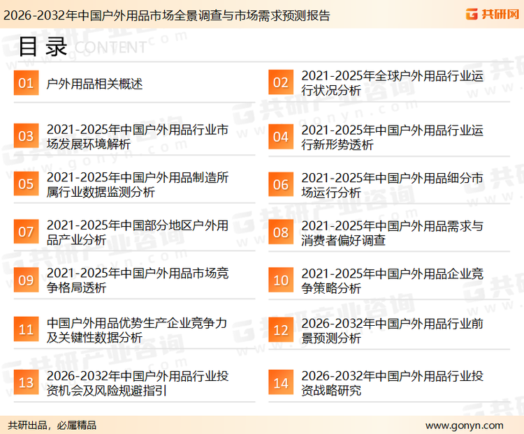 为确保户外用品行业数据精准性以及内容的可参考价值，共研产业研究院团队通过上市公司年报、厂家调研、经销商座谈、专家验证等多渠道开展数据采集工作，并运用共研自主建立的产业分析模型，结合市场、行业和厂商进行深度剖析，能够反映当前市场现状、热点、动态及未来趋势，使从业者能够从多种维度、多个侧面综合了解当前户外用品行业的发展态势。