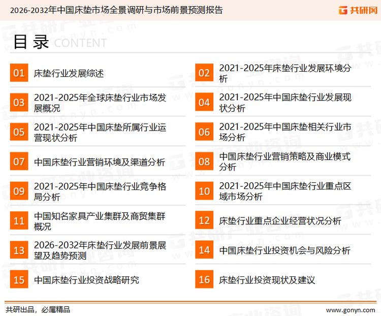 为确保床垫行业数据精准性以及内容的可参考价值，共研产业研究院团队通过上市公司年报、厂家调研、经销商座谈、专家验证等多渠道开展数据采集工作，并运用共研自主建立的产业分析模型，结合市场、行业和厂商进行深度剖析，能够反映当前市场现状、热点、动态及未来趋势，使从业者能够从多种维度、多个侧面综合了解当前床垫行业的发展态势。