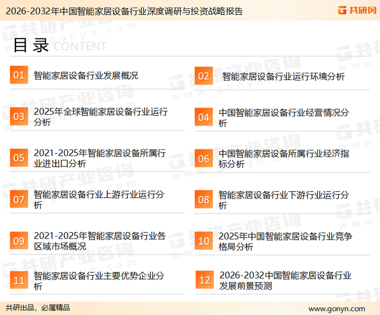 为确保智能家居设备行业数据精准性以及内容的可参考价值，共研产业研究院团队通过上市公司年报、厂家调研、经销商座谈、专家验证等多渠道开展数据采集工作，并运用共研自主建立的产业分析模型，结合市场、行业和厂商进行深度剖析，能够反映当前市场现状、热点、动态及未来趋势，使从业者能够从多种维度、多个侧面综合了解当前智能家居设备行业的发展态势。