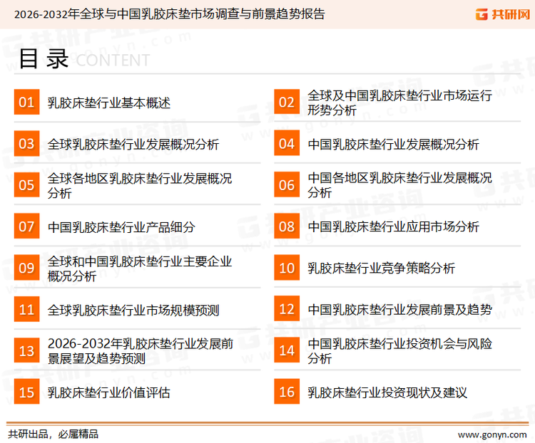 为确保乳胶床垫行业数据精准性以及内容的可参考价值，共研产业研究院团队通过上市公司年报、厂家调研、经销商座谈、专家验证等多渠道开展数据采集工作，并运用共研自主建立的产业分析模型，结合市场、行业和厂商进行深度剖析，能够反映当前市场现状、热点、动态及未来趋势，使从业者能够从多种维度、多个侧面综合了解当前乳胶床垫行业的发展态势。
