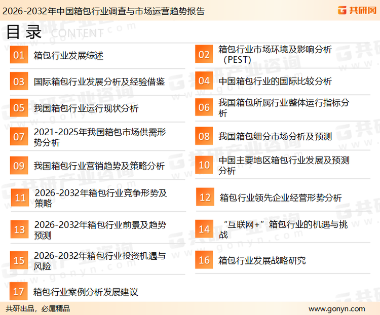 为确保箱包行业数据精准性以及内容的可参考价值，共研产业研究院团队通过上市公司年报、厂家调研、经销商座谈、专家验证等多渠道开展数据采集工作，并运用共研自主建立的产业分析模型，结合市场、行业和厂商进行深度剖析，能够反映当前市场现状、热点、动态及未来趋势，使从业者能够从多种维度、多个侧面综合了解当前箱包行业的发展态势。