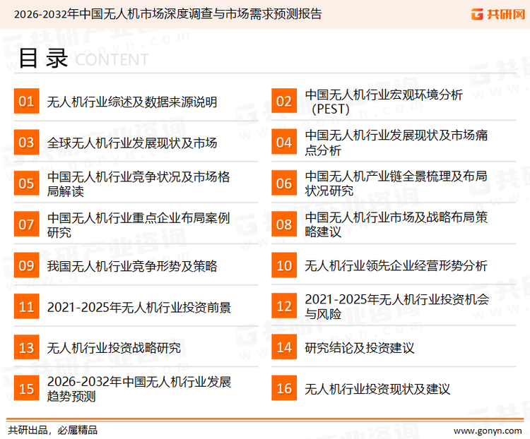 为确保无人机行业数据精准性以及内容的可参考价值，共研产业研究院团队通过上市公司年报、厂家调研、经销商座谈、专家验证等多渠道开展数据采集工作，并运用共研自主建立的产业分析模型，结合市场、行业和厂商进行深度剖析，能够反映当前市场现状、热点、动态及未来趋势，使从业者能够从多种维度、多个侧面综合了解当前无人机行业的发展态势。