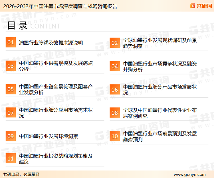 为确保油墨行业数据精准性以及内容的可参考价值，共研产业研究院团队通过上市公司年报、厂家调研、经销商座谈、专家验证等多渠道开展数据采集工作，并运用共研自主建立的产业分析模型，结合市场、行业和厂商进行深度剖析，能够反映当前市场现状、热点、动态及未来趋势，使从业者能够从多种维度、多个侧面综合了解当前油墨行业的发展态势。