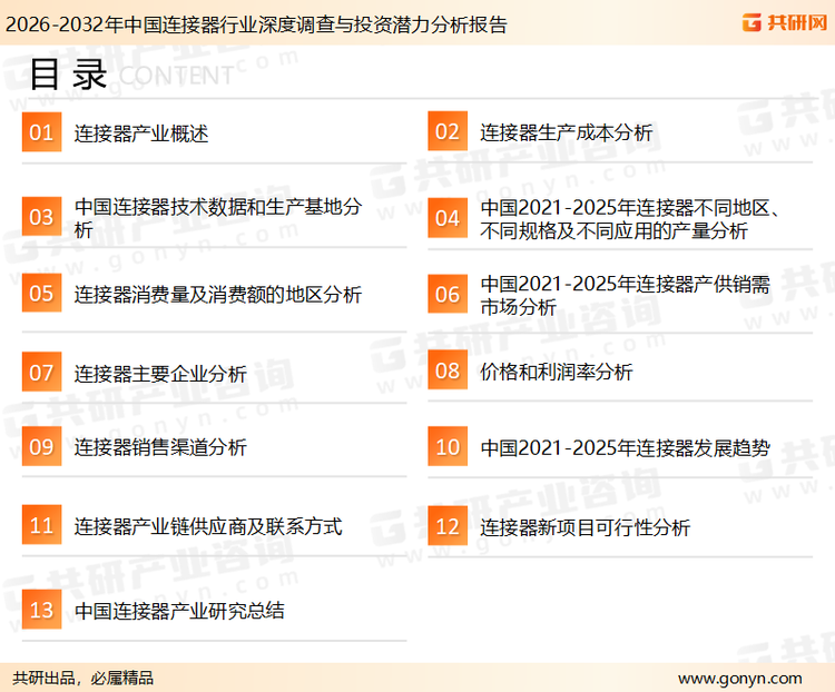 为确保连接器行业数据精准性以及内容的可参考价值，共研产业研究院团队通过上市公司年报、厂家调研、经销商座谈、专家验证等多渠道开展数据采集工作，并运用共研自主建立的产业分析模型，结合市场、行业和厂商进行深度剖析，能够反映当前市场现状、热点、动态及未来趋势，使从业者能够从多种维度、多个侧面综合了解当前连接器行业的发展态势。
