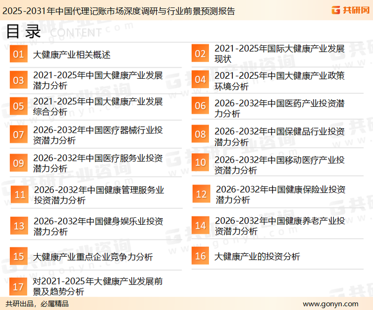 为确保大健康行业数据精准性以及内容的可参考价值，共研产业研究院团队通过上市公司年报、厂家调研、经销商座谈、专家验证等多渠道开展数据采集工作，并运用共研自主建立的产业分析模型，结合市场、行业和厂商进行深度剖析，能够反映当前市场现状、热点、动态及未来趋势，使从业者能够从多种维度、多个侧面综合了解当前大健康行业的发展态势。
